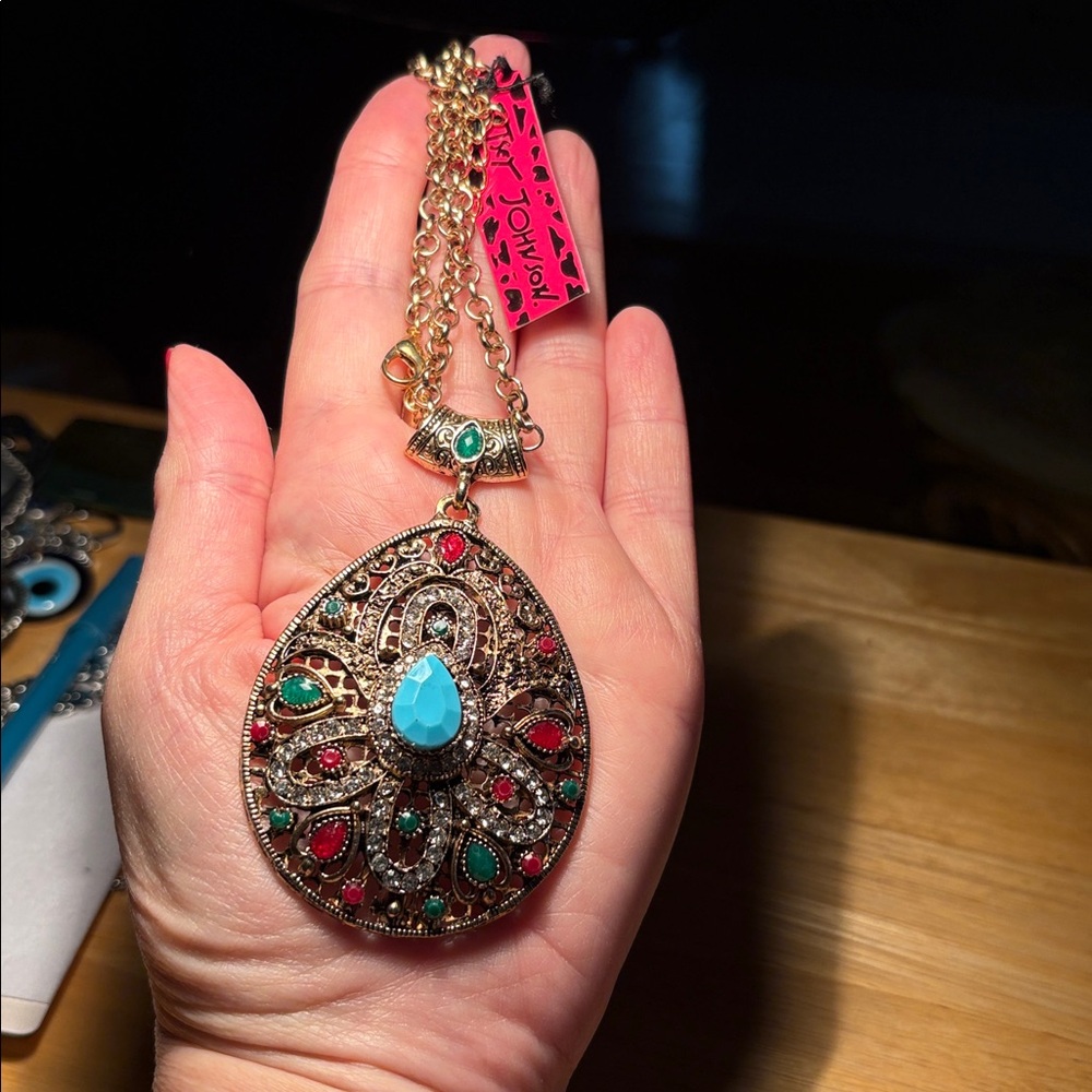 Betsey Johnson Gold-Tone Pendant Necklace with Blue, Red, and Green Stones